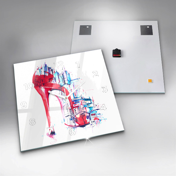 Square glass wall clock Red heel