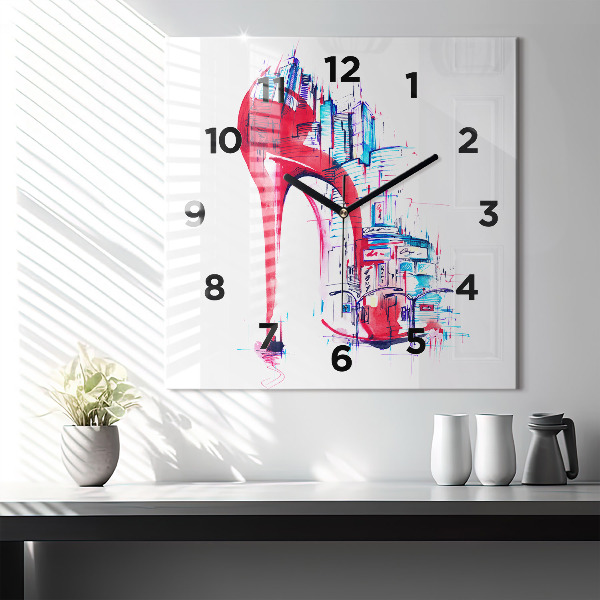 Square glass wall clock Red heel