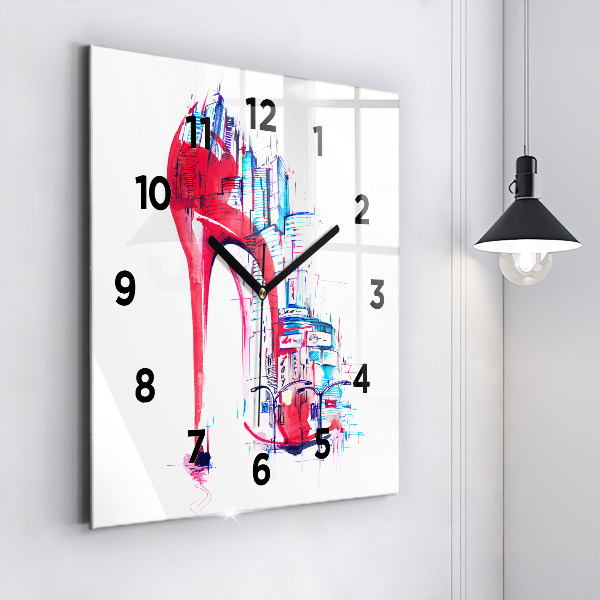 Square glass wall clock Red heel