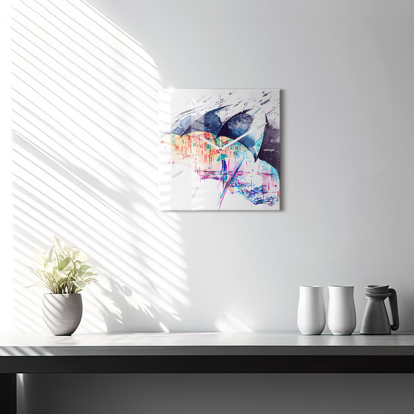 Square glass wall clock Rain umbrella and city