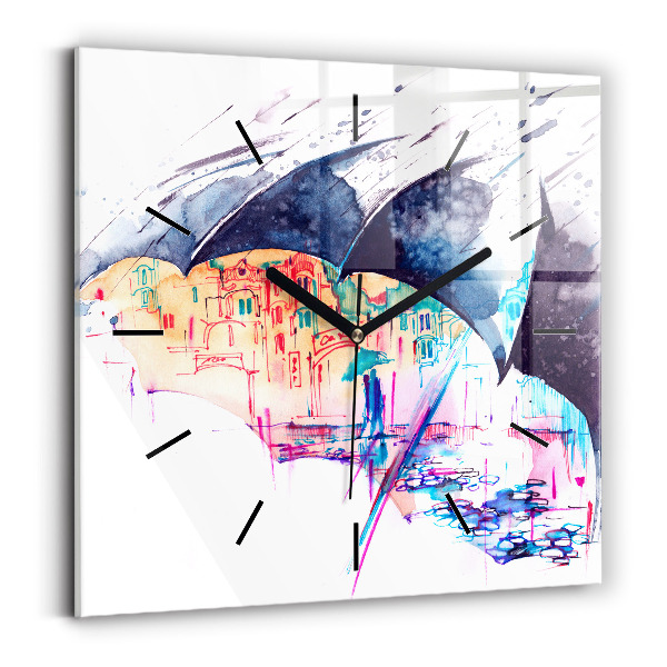 Square glass wall clock Rain umbrella and city