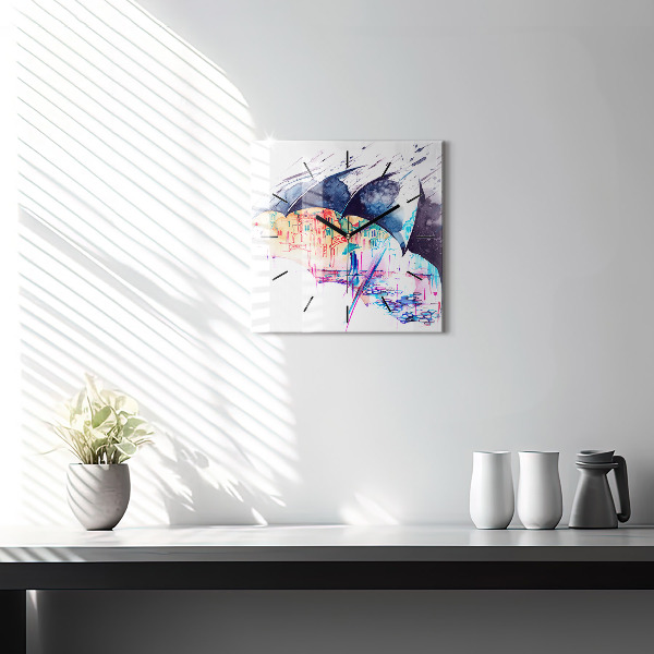 Square glass wall clock Rain umbrella and city