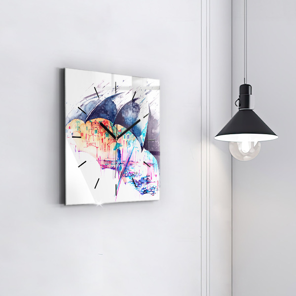 Square glass wall clock Rain umbrella and city