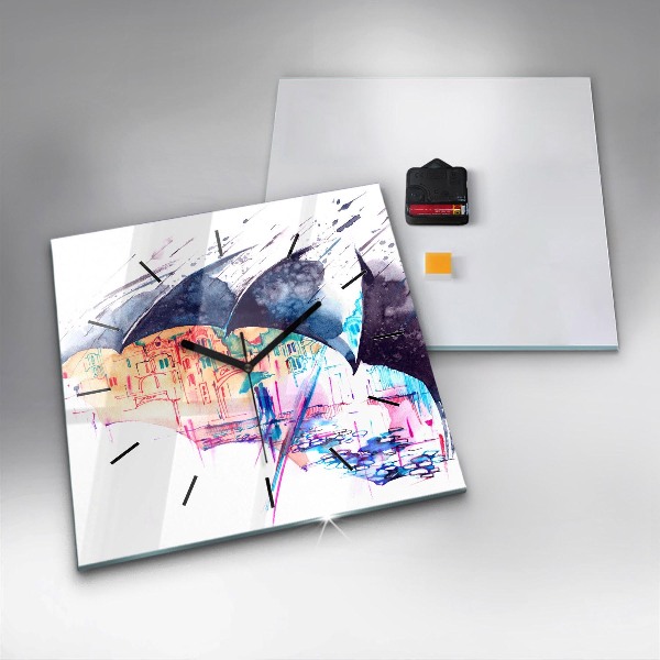 Square glass wall clock Rain umbrella and city