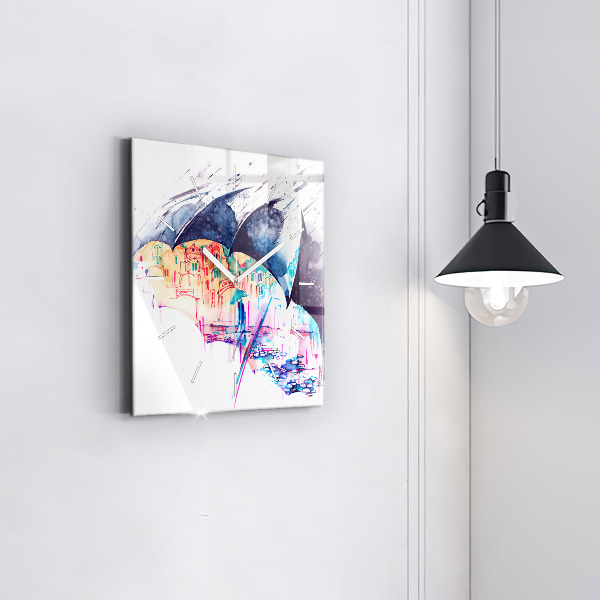 Square glass wall clock Rain umbrella and city