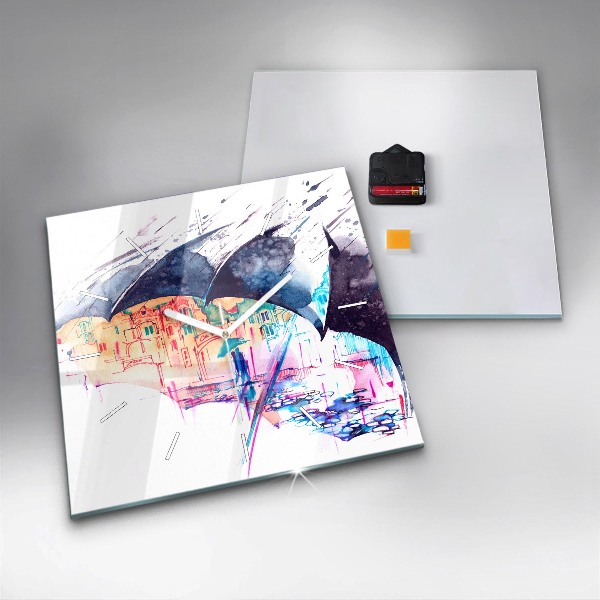 Square glass wall clock Rain umbrella and city
