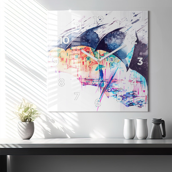 Square glass wall clock Rain umbrella and city
