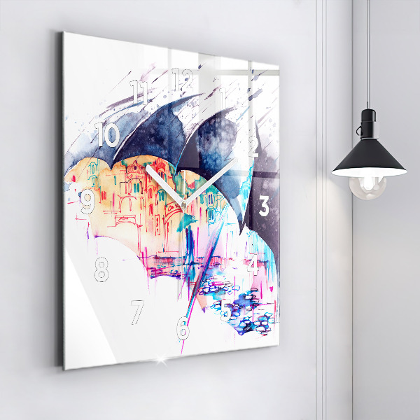 Square glass wall clock Rain umbrella and city