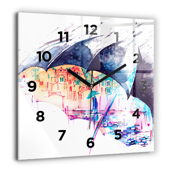 Square glass wall clock Rain umbrella and city