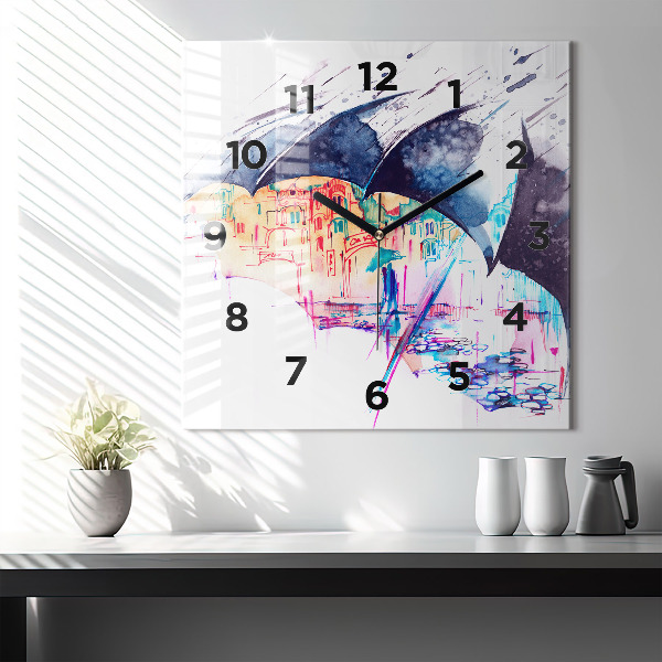 Square glass wall clock Rain umbrella and city