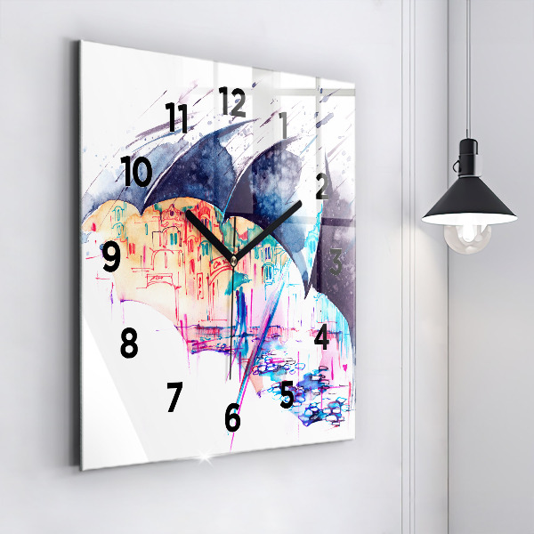 Square glass wall clock Rain umbrella and city
