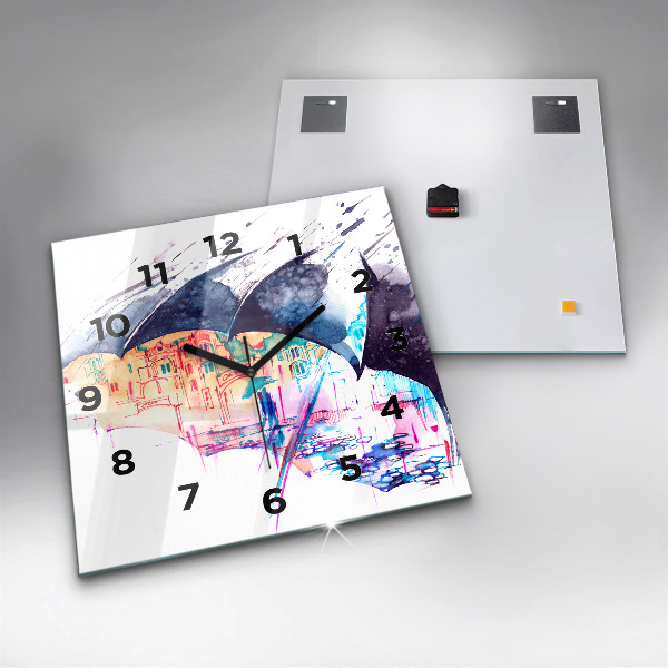 Square glass wall clock Rain umbrella and city