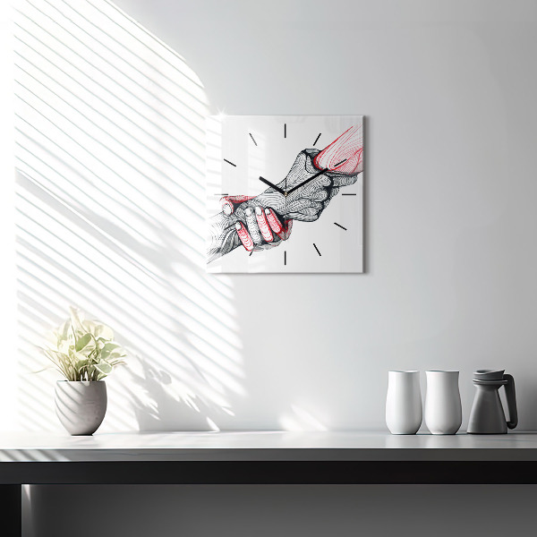 Square glass wall clock Holding hands