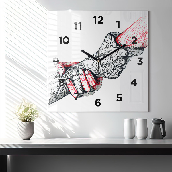 Square glass wall clock Holding hands