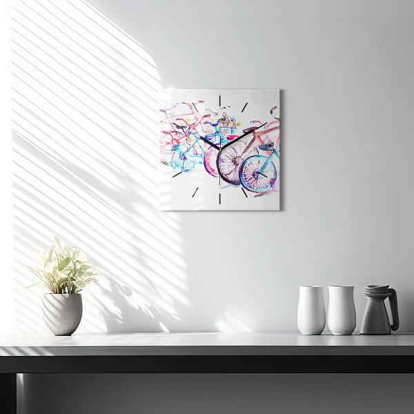 Square glass wall clock Colorful city bikes