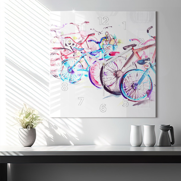 Square glass wall clock Colorful city bikes