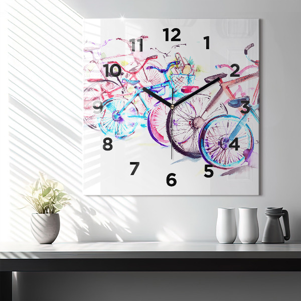 Square glass wall clock Colorful city bikes