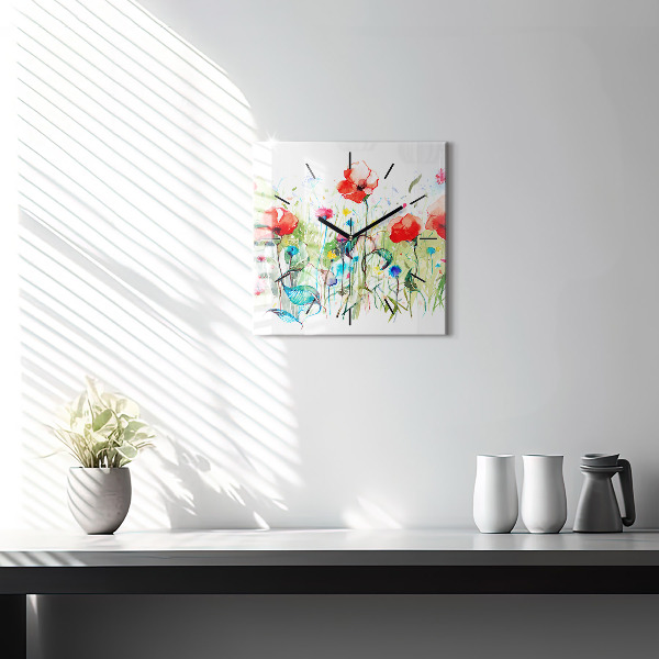 Square glass wall clock Flowers in the meadow