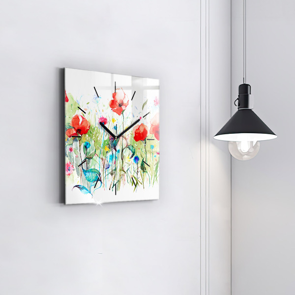 Square glass wall clock Flowers in the meadow