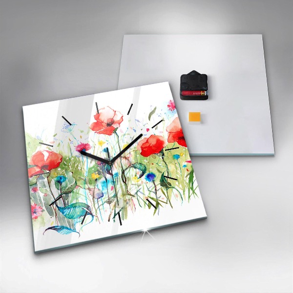 Square glass wall clock Flowers in the meadow