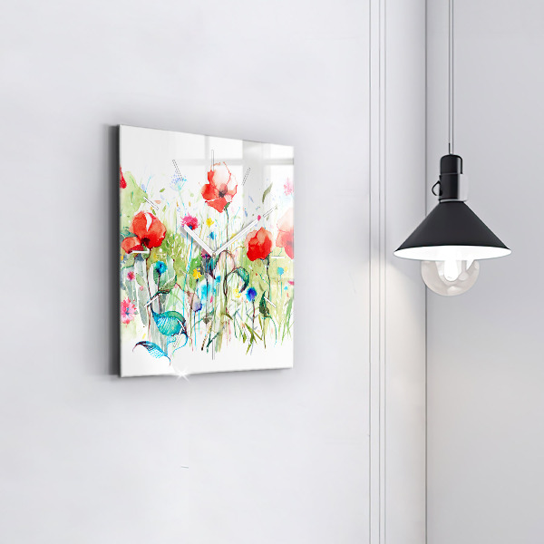 Square glass wall clock Flowers in the meadow