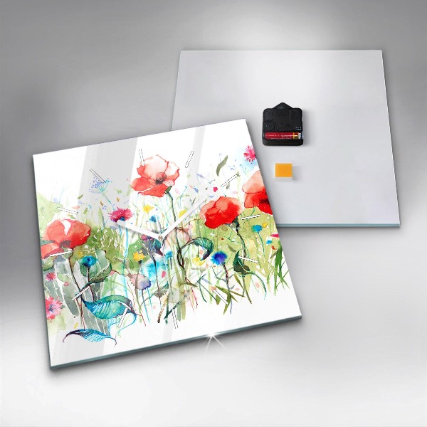 Square glass wall clock Flowers in the meadow