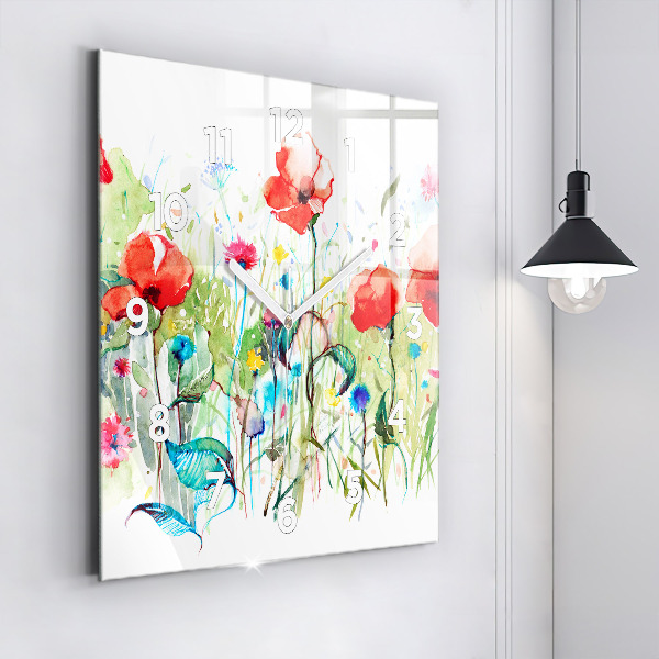 Square glass wall clock Flowers in the meadow