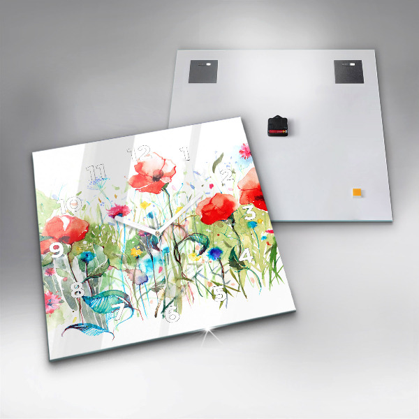 Square glass wall clock Flowers in the meadow
