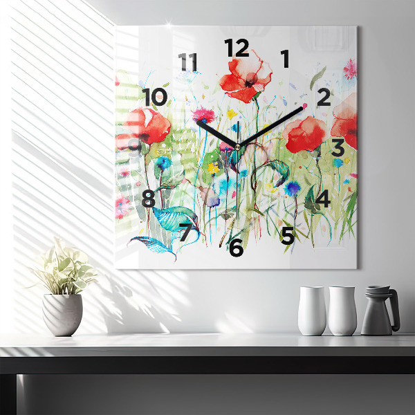 Square glass wall clock Flowers in the meadow