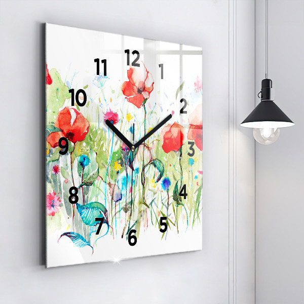 Square glass wall clock Flowers in the meadow