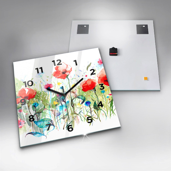 Square glass wall clock Flowers in the meadow