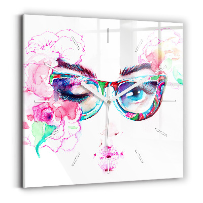 Square glass wall clock Woman with glasses