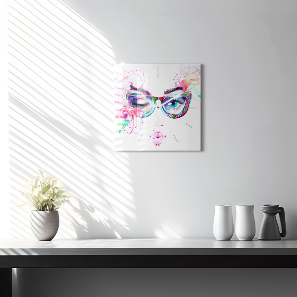 Square glass wall clock Woman with glasses