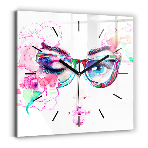 Square glass wall clock Woman with glasses