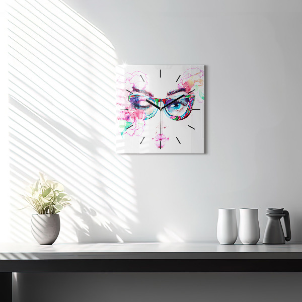 Square glass wall clock Woman with glasses