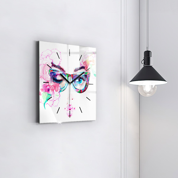 Square glass wall clock Woman with glasses
