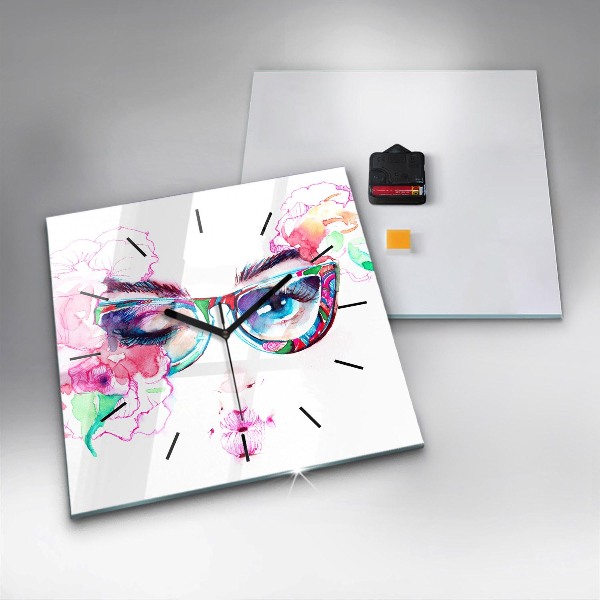 Square glass wall clock Woman with glasses
