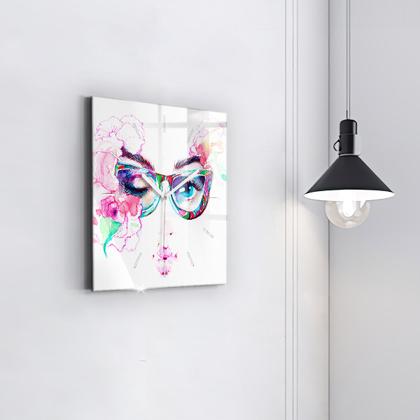 Square glass wall clock Woman with glasses