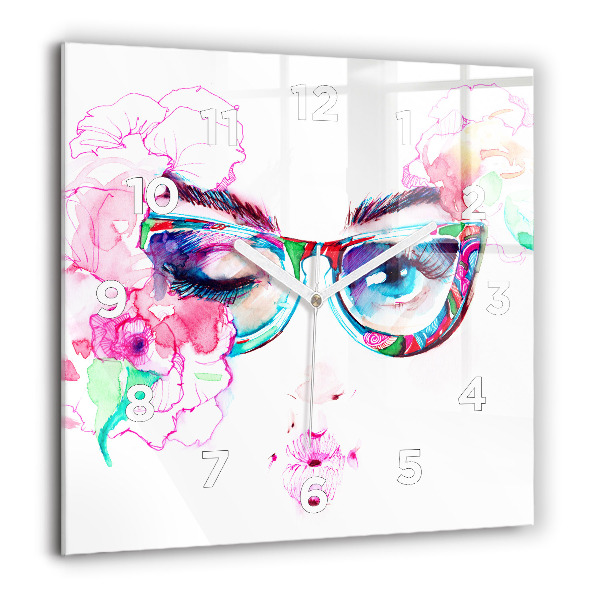 Square glass wall clock Woman with glasses