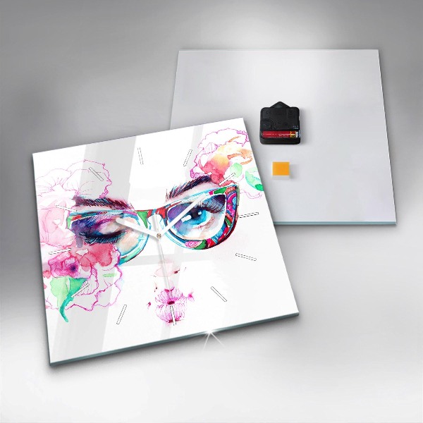 Square glass wall clock Woman with glasses