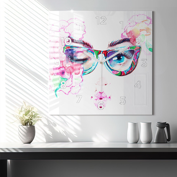 Square glass wall clock Woman with glasses