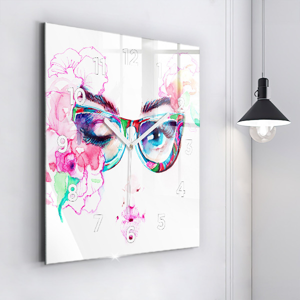 Square glass wall clock Woman with glasses