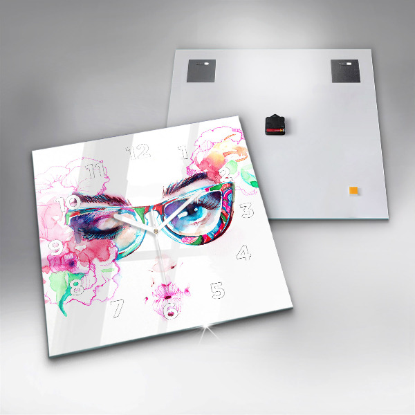Square glass wall clock Woman with glasses
