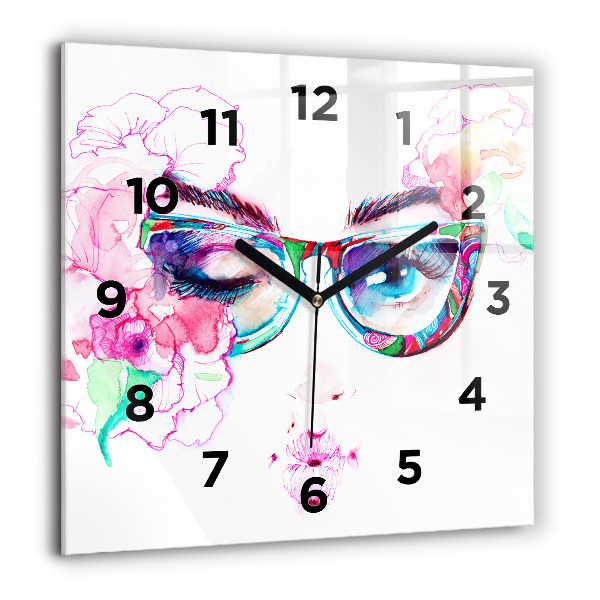 Square glass wall clock Woman with glasses