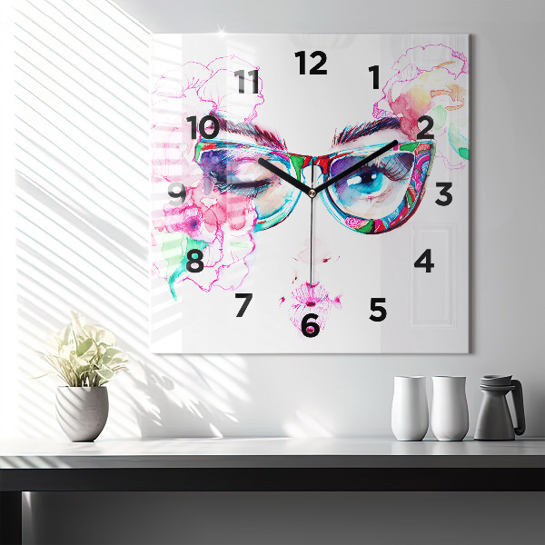 Square glass wall clock Woman with glasses