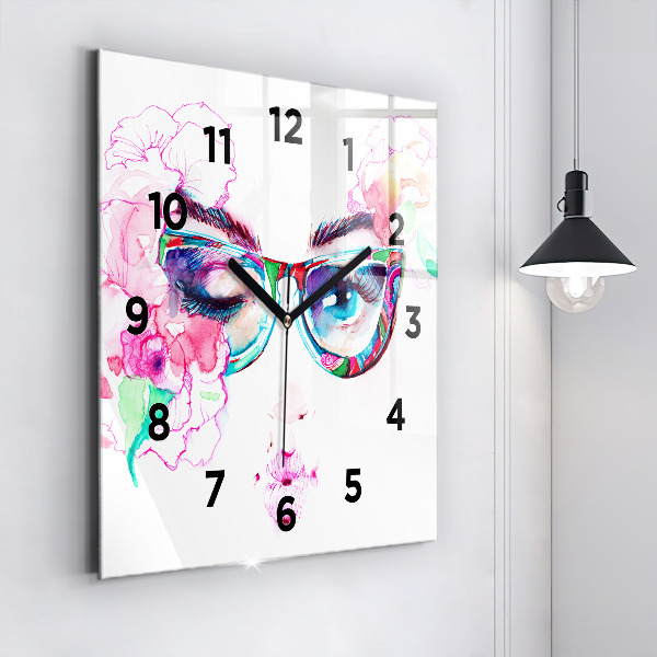 Square glass wall clock Woman with glasses