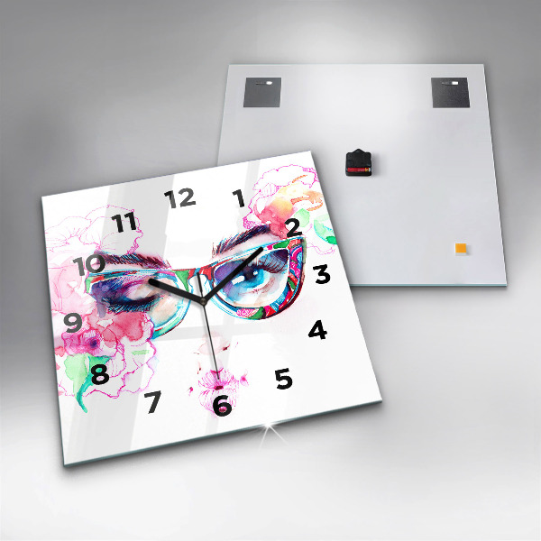Square glass wall clock Woman with glasses