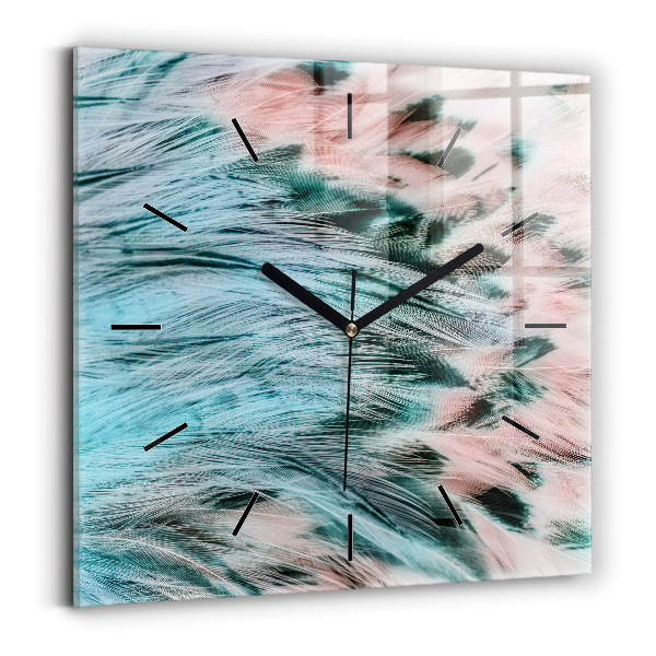 Square glass wall clock Colorful feathers