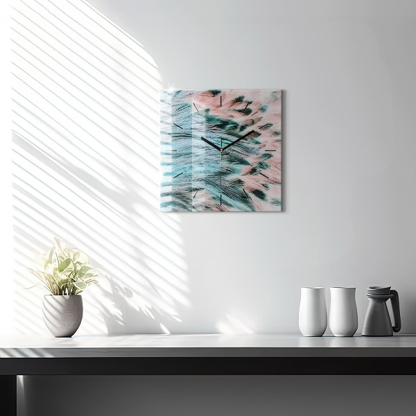 Square glass wall clock Colorful feathers