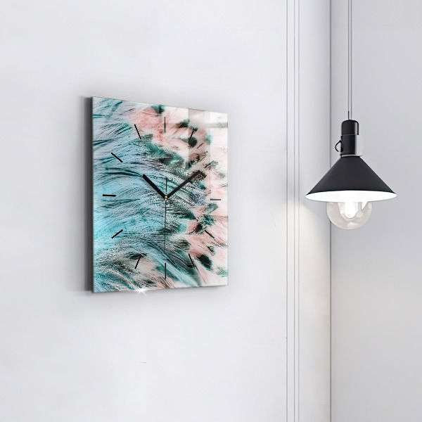 Square glass wall clock Colorful feathers